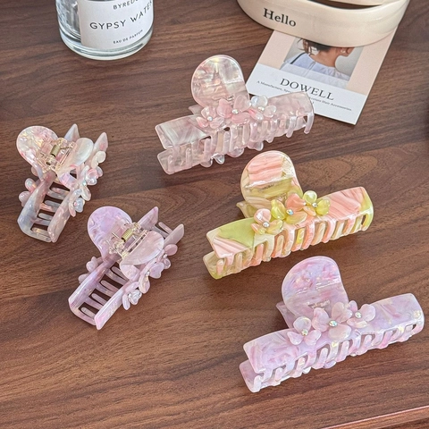 Molla per Capelli in Acetato Fatta a Mano con Fiori e Strass Grande Pinza a Squalo Dolce Accessorio Botanico per Capelli Donna