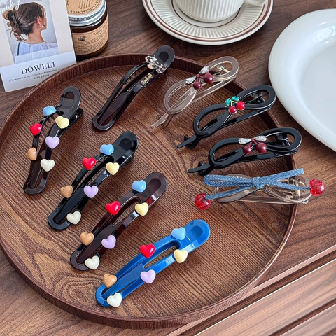 Fermaglio per Capelli Coreano in Resina Acetato a Forma di Cuore e Ciliegia Elegante Clip a Banana con Fiocco Leopardato