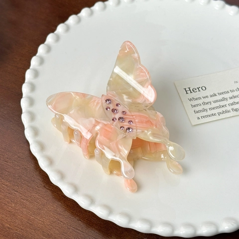 French Vintage Cellulose Acetate Butterfly Hair Claw Clip Elegant Marble Pattern Large Rhinestone Shark Clip For Women Hair Accessories