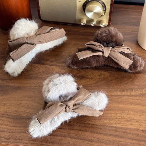 Herbst Winter Plüsch Schleife Haarklammer Für Damen Elegant Kunstfell Shark Clip Hinterkopf Pferdeschwanz Haarnadel Kopfschmuck