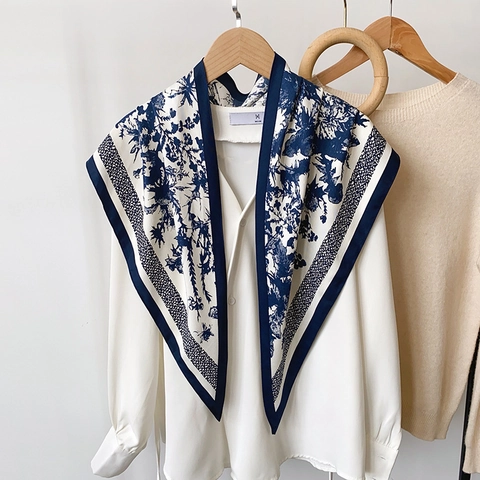Vintage Floral Satin Triangular Scarf For Women French Style Plant Pattern Hair Bandana Waist Wrap Shawl Elegant Accessory