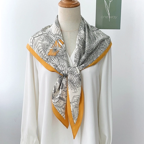 Damen Eleganter Dreiecksschal Köper Satin Tropischer Palmblatt Druck Schal Kontrastrand Sonnenschutz Mode Halstuch