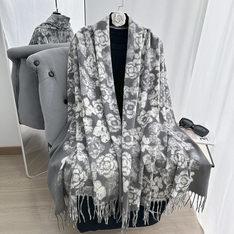 Damen Winter Kamelie Bedruckter Schal Kaschmir-Ähnlich Elegant Groß Dick Warm Schultertuch Vintage Omslagdoek Mit Quasten