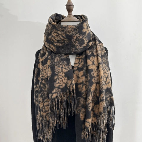 Damen Winter Kamelie Bedruckter Schal Kaschmir-Ähnlich Elegant Groß Dick Warm Schultertuch Vintage Omslagdoek Mit Quasten