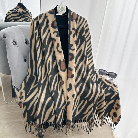 Bufanda con Estampado Animal para Mujer Moda Leopardo Cebra Poliéster Chal Largo con Borlas Calentador de Cuello de Invierno