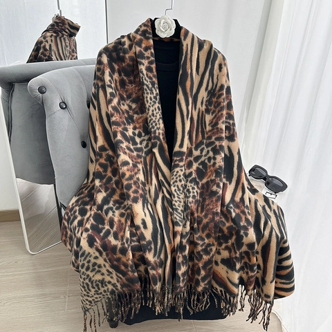 Écharpe Imprimé Léopard Pour Femmes Faux Cachemire Hiver Chaud Doux Motif Animal Châle Enveloppant Avec Glands Accessoire