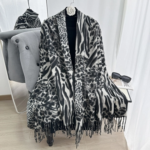 Écharpe Imprimé Léopard Pour Femmes Faux Cachemire Hiver Chaud Doux Motif Animal Châle Enveloppant Avec Glands Accessoire