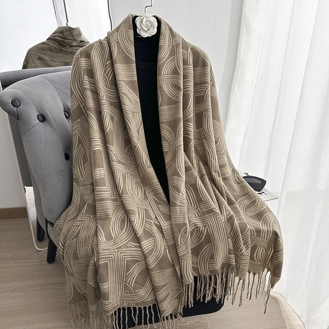 Weich Kaschmir-ähnlich Polyester Winterschal Für Damen Dick Warm Geometrisch Bedruckt Fransen Schal Elegant Mode Halswärmer