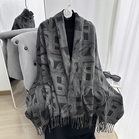 Weich Kaschmir-ähnlich Polyester Winterschal Für Damen Dick Warm Geometrisch Bedruckt Fransen Schal Elegant Mode Halswärmer