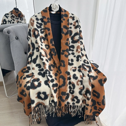 Sciarpa Maculata da Donna in Imitazione Cashmere Sciarpa Invernale Calda Spessa con Nappine Foulard alla Moda Stampato