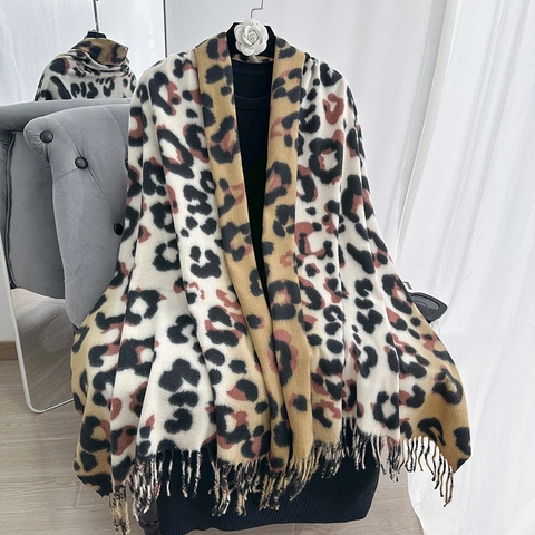 Sciarpa Maculata da Donna in Imitazione Cashmere Sciarpa Invernale Calda Spessa con Nappine Foulard alla Moda Stampato