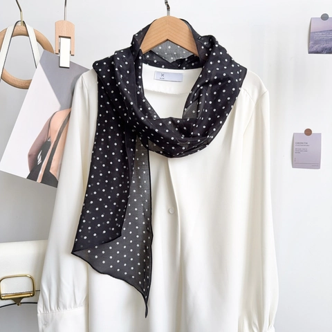 Bufanda Francesa Elegante de Algodón Estampado de Lunares Blanco y Negro para Mujer Pañuelo Largo Delgado de Moda Accesorios