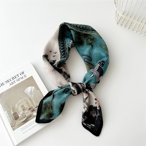 Chinese Style Crane Landscape Print Satin Scarf For Women Vintage Elegant Square Neck Head Scarf Polyester Lightweight Wrap