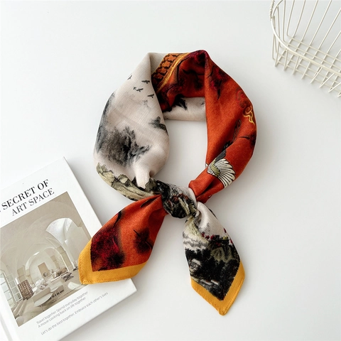 Chinese Style Crane Landscape Print Satin Scarf For Women Vintage Elegant Square Neck Head Scarf Polyester Lightweight Wrap