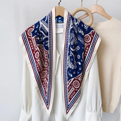 Franse Vintage Ruitjes Driehoek Satijnn Sjaal Twill Satijn Bandana Hoofddoek Geometrisch Bedrukt Halssjaal Dames Accessoires
