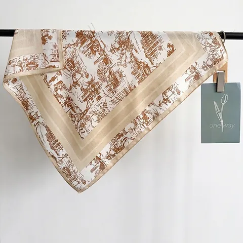 French Retro Toile De Jouy Square Scarf Satin-Like Polyester Architecture Printed Neckerchief For Professional Office Women Accessory