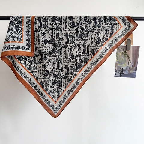 Women Vintage Horse Carriage Print Satin Square Scarf Elegant Herringbone Pattern Neck Scarf Fashion Wrap Head Accessory