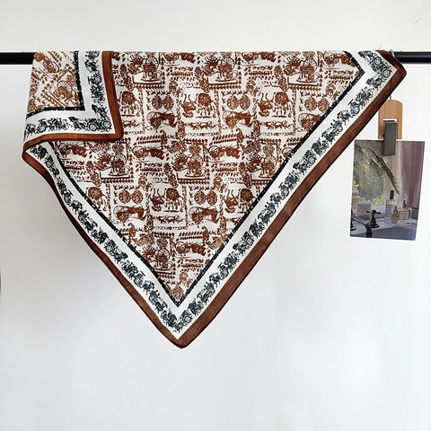 Women Vintage Horse Carriage Print Satin Square Scarf Elegant Herringbone Pattern Neck Scarf Fashion Wrap Head Accessory