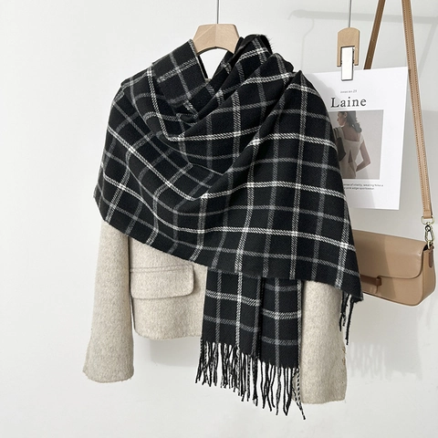 Klassischer Damen Karo Schal Mit Fransen Winter Warm Polyester Fransen Schal Koreanischer Akademischer Stil Großes Karomuster Weich