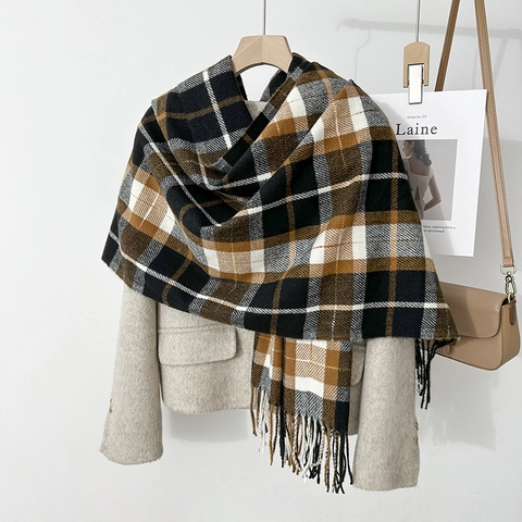 Britischer Vintage Pläd Schal Für Damen Winter Dick Warm Kunstkaschmir Große Quaste Schal Wrap Polyester Pashmina Schal