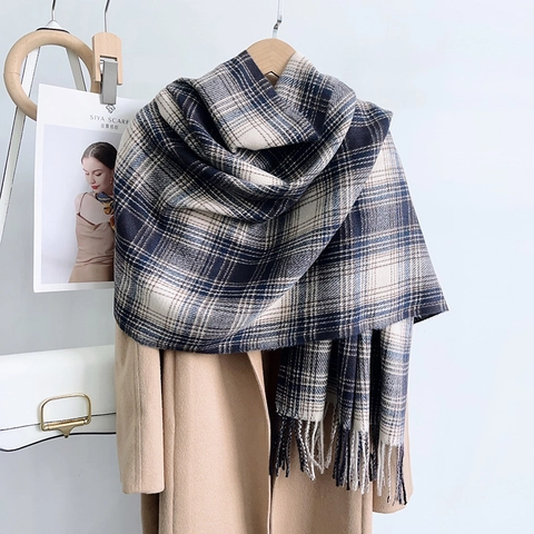 Sciarpa a Quadri Classica da Donna Invernale Calda Spessa Effetto Cashmere Scialle Avvolgente con Nappine Retro Outdoor