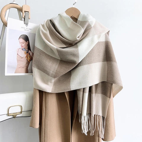 Bufanda con Flecos a Cuadros para Mujer Imitación de Cachemira Suave Cálida Invierno Chal a Cuadros Moda Bufanda Grande Elegante