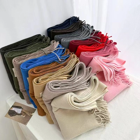 Sciarpa Invernale in Lana Tinta Unita da Donna Morbido Caldo Scialle con Nappine Elegante Versatile Tessuto Scaldacollo Pashmina
