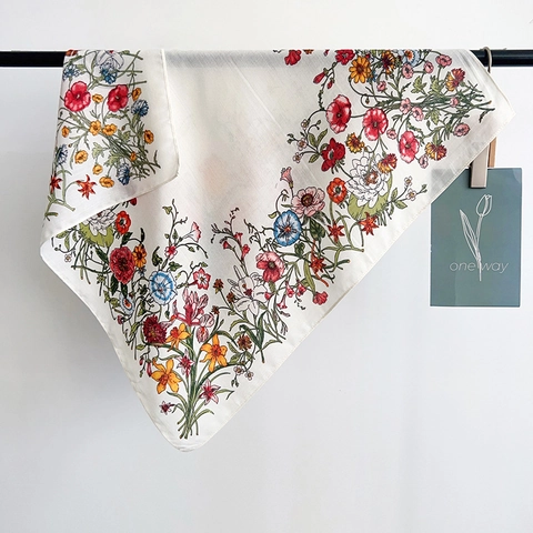 French Vintage Floral Print Square Scarf For Women Elegant Satin Finish Neck Shawl Fashion Botanical Pattern Head Scarf