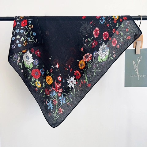French Vintage Floral Print Square Scarf For Women Elegant Satin Finish Neck Shawl Fashion Botanical Pattern Head Scarf