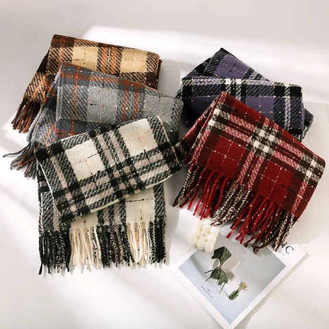 Vintage Geruite Sjaal met Kwastjes voor Dames Zacht Polyester Winter Warm Grote Deken Sjaal Koreaanse Stijl Dikke Ruitjespatroon Omslagdoek
