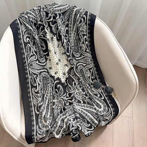 Vintage Paisley Bedruckt Polyester Schal Für Damen Herbst Kontrastfarbe Langer Schal Warm Halten Elegant Schal