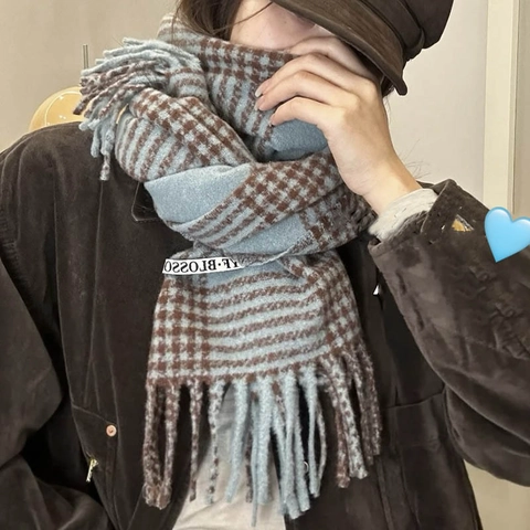 Women British Plaid Scarf Winter Warm Soft Cashmere-like Scarf Long Tassel Checkered Shawl Wrap Fashion Versatile Neck Warmer