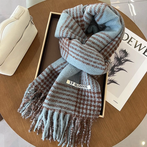 Women British Plaid Scarf Winter Warm Soft Cashmere-like Scarf Long Tassel Checkered Shawl Wrap Fashion Versatile Neck Warmer