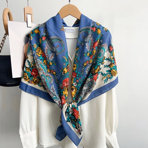 Elegante Dames Paisleypatroon Bloemenprint Vierkante Sjaal Satin Feel Polyester Shawl Grote Mode Halssjaal Decoratieve Hoofddoek
