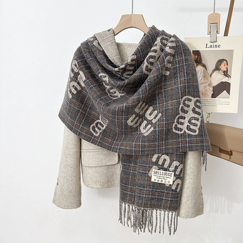 Damen Winter Karomuster Quasten Schal Verdickt Warm Wollmischung Schultertuch Vintage Buchstabenmuster Koreanischer Stil Langer Schal