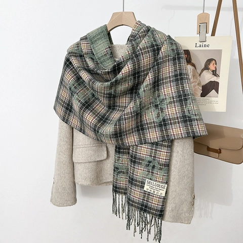 Damen Winter Karomuster Quasten Schal Verdickt Warm Wollmischung Schultertuch Vintage Buchstabenmuster Koreanischer Stil Langer Schal