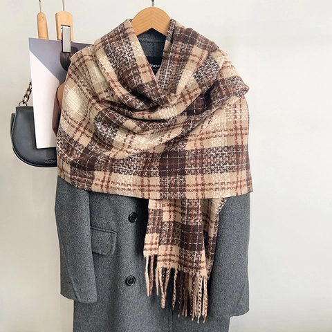 Korean Style Plaid Scarf Women Winter Thick Warm Imitation Cashmere Checkered Shawl With Tassels Casual Fashion Neck Wrap