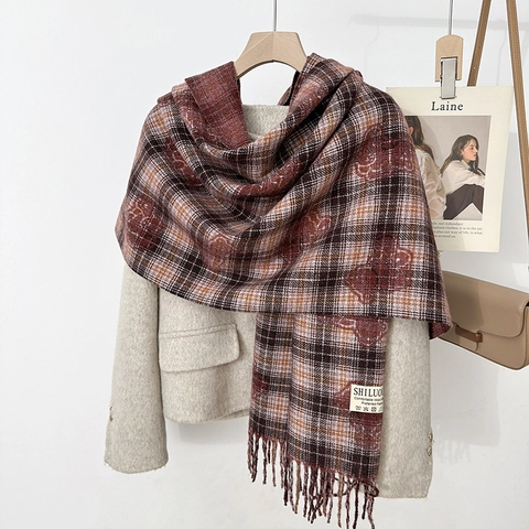 Bufanda de Imitación Cachemira para Mujer con Cuadros Oso y Borlas Suave Chal Pashmina de Invierno Moda Calentador de Cuello