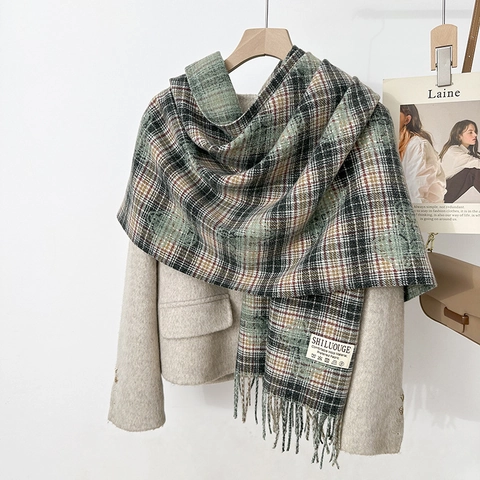 Bufanda de Imitación Cachemira para Mujer con Cuadros Oso y Borlas Suave Chal Pashmina de Invierno Moda Calentador de Cuello
