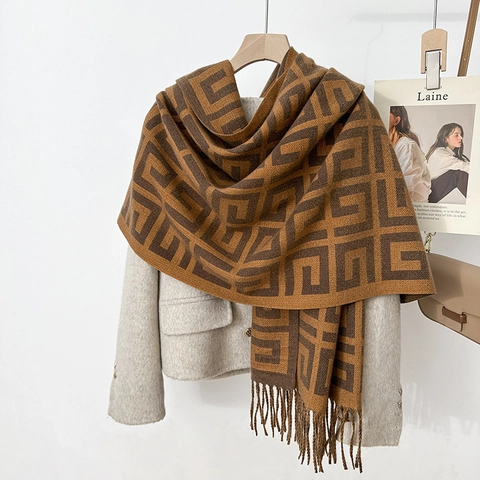 Dames Faux Kasjmier Wintersjaal Vintage Geometrische Letters Patroon Kwastjes Sjaal Warme Dikke Wikkel Voor Dagelijks Kantoor