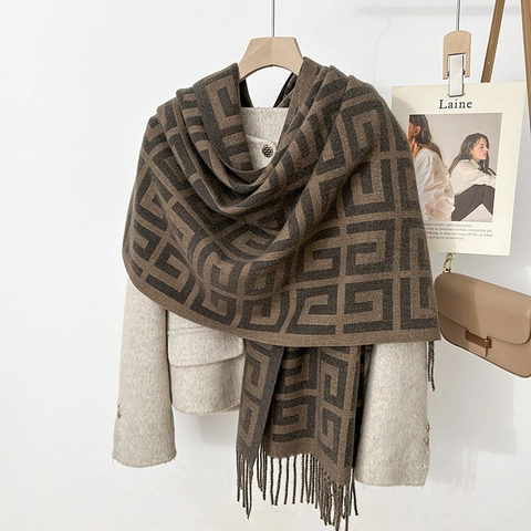 Dames Faux Kasjmier Wintersjaal Vintage Geometrische Letters Patroon Kwastjes Sjaal Warme Dikke Wikkel Voor Dagelijks Kantoor