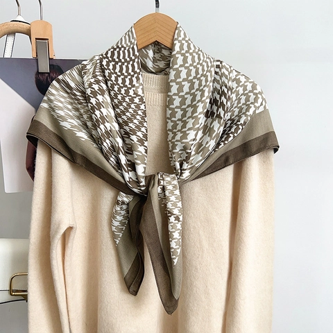 Damen Elegant Hahnentritt Muster Quadratischer Schal Polyester Satin Großer Schal Winter Warm Schultertuch Mode Kopftuch