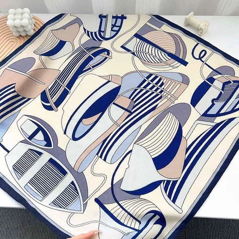 French Art Geometric Print Square Scarf For Women 68x68cm Polyester Satin Neck Scarf Nautical Sailing Pattern Head Scarf