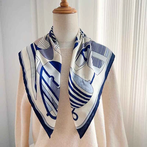 French Art Geometric Print Square Scarf For Women 68x68cm Polyester Satin Neck Scarf Nautical Sailing Pattern Head Scarf