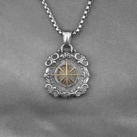 Collana con Ciondolo a Bussola e Stella in Acciaio al Titanio Vintage per Uomo Ciondolo a Stella Ottagonale Retrò Accessorio Gioielli