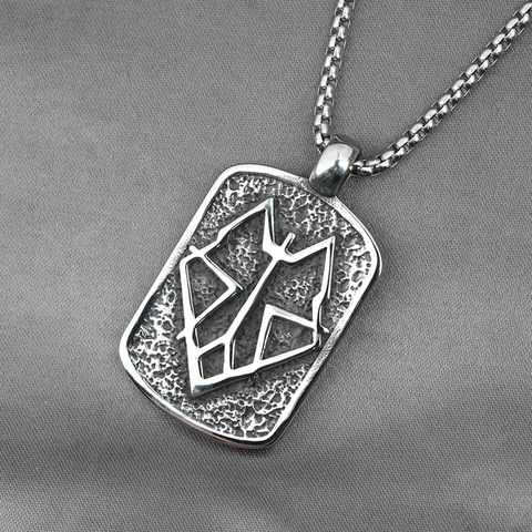 Retro Stainless Steel Wolf Head Totem Pendant Necklace For Men Vintage Geometric Hammered Rectangular Tag Jewelry