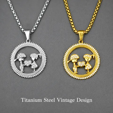 Titanium Steel Hollow Round Pendant Necklace For Couples Boy Girl Holding Heart Pave Rhinestone Fashion Jewelry Necklace