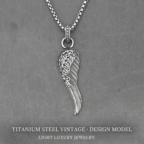 Vintage Titanium Steel Angel Wing Pendant Necklace With Sparkling Rhinestones Retro Feather Jewelry For Men And Women