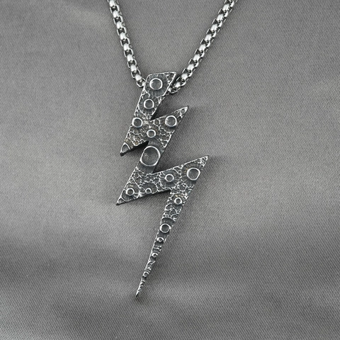 Vintage Titanium Steel Lightning Pendant Necklace Meteorite Crater Texture Distressed Punk Hip Hop Jewelry For Men Gift