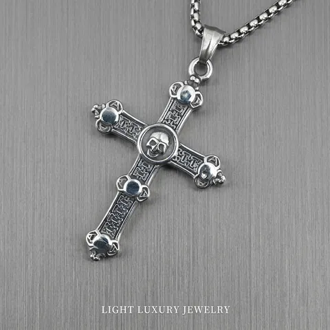 Vintage Gothic Skull Cross Pendant Necklace Titanium Steel Retro Oxidized Distressed Punk Style Jewelry For Men Boys